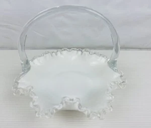Vintage Fenton Silver Crest White Milk Glass Ruffled Basket With Clear Handle - Picture 1 of 9