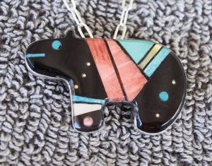 Navajo Brooch Necklace Inlay Bear Germaine Smith Silver - Picture 1 of 7