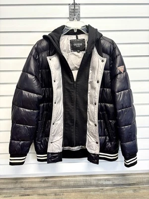 Guess Puffer Jacket Men’s XL Black Hooded Hoodie Coat With Removable Hood - Image 1 of 4