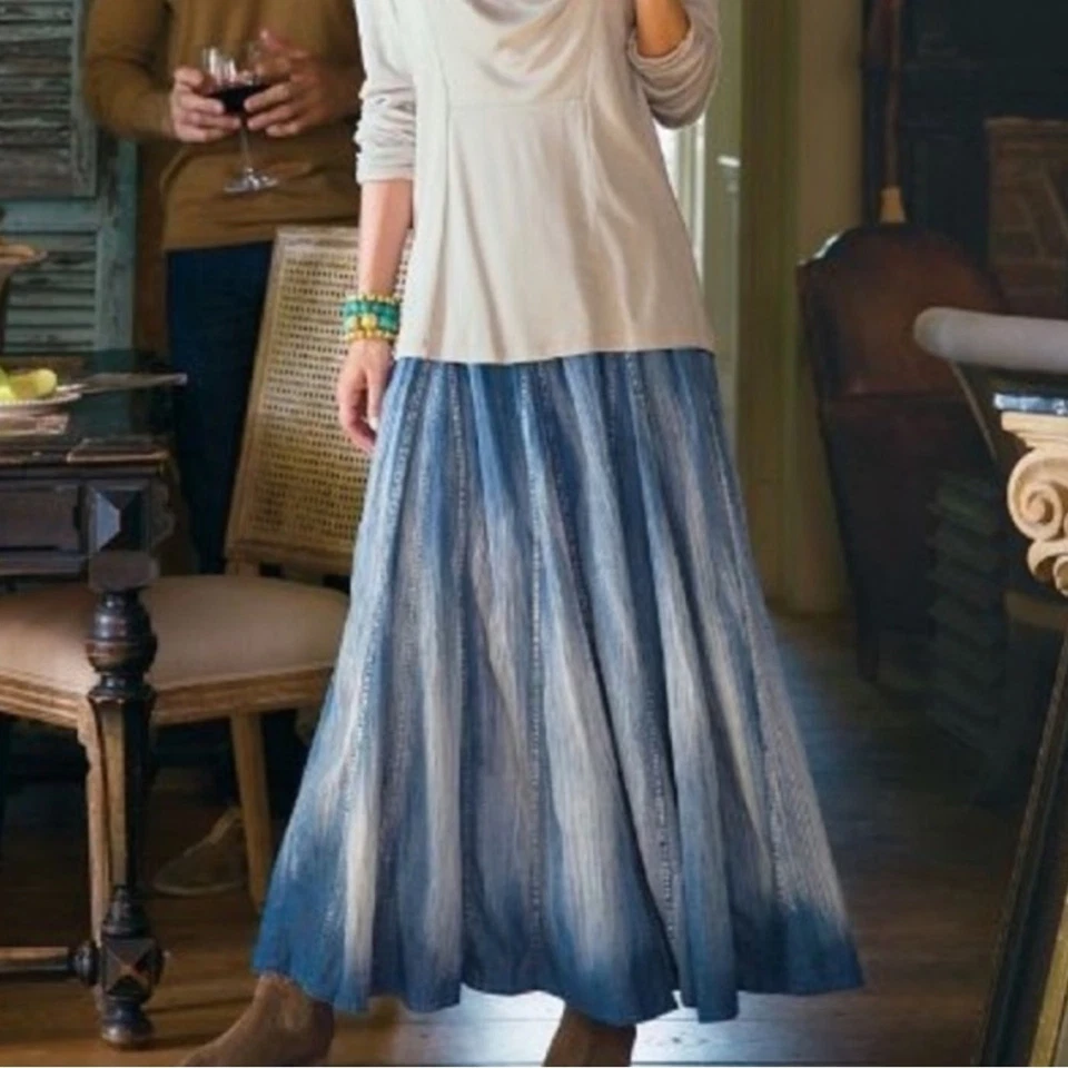 Falda midi Soft Surroundings Silverton arrugada cambray XL azul pequeño Foto 1 de 4