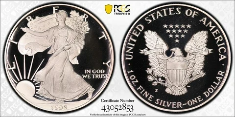 USA United States 1992 S $1 Proof Silver Eagle PCGS PR70DCAM Cover