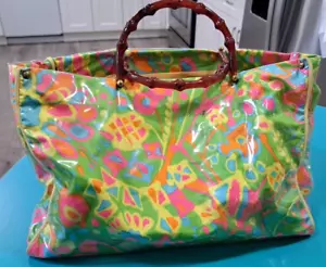 RARE 60s Psychedelic Vinyl Coated Tote Purse Faux Bamboo Handles Kleinerts 16x10 - Picture 1 of 15