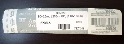 Émbolo de tuberculina BD 0,5 ml | 27G x 1/2", (0,40 x 13 mm) Foto 1 de 3
