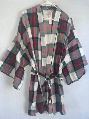 Victoria Secret 法兰绒长袍 XL 码 XXL 白色绿色红色格子金色标志女式 — 第 1/4 张图片