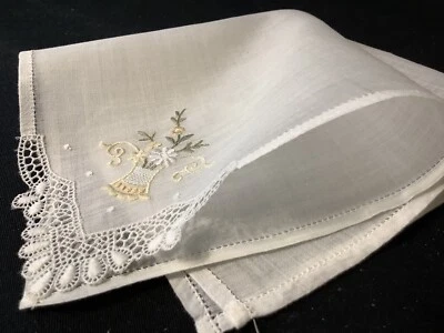 8791🌟Старинный фантазии цветочный желтый маргаритки корзина 40-х свадебный носовой платок - Изображение 1 из 4