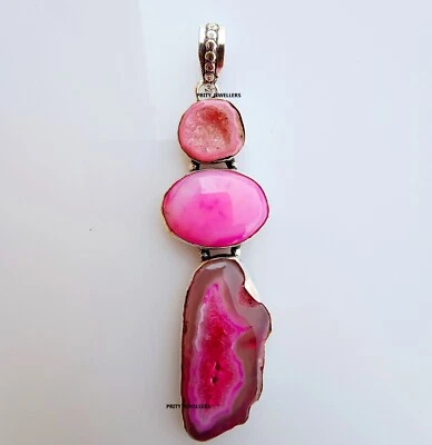 Beautiful Natural Pink Druzy 925 Sterling Silver Antique Large Handmade Pendent - Image 1 of 4