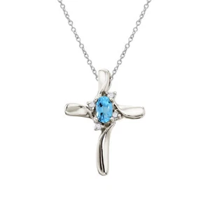 14K White Gold Blue Topaz and Diamond Cross Pendant with 18" Chain - Picture 1 of 4