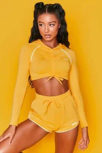 Bo+Tee Womens Hoodie Cropped Orange Ruched Drawstring Sportswear - Picture 1 of 7