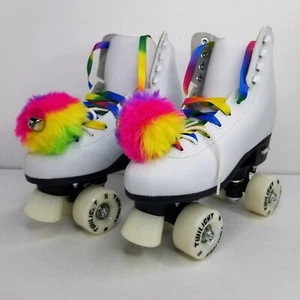 Epic Quad Roller Skates w/ Rainbow Twilight LED Light Up Wheels & Pom Poms Sz 8 - Picture 1 of 22