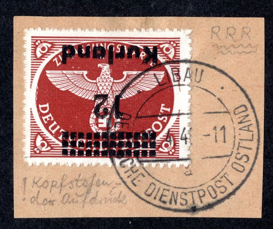 GERMANY LIBAU GERMAN OCCUPATION 1945 OFFICIAL KURLAND OVERPRINT INVERTED TIED - Image 1 of 1
