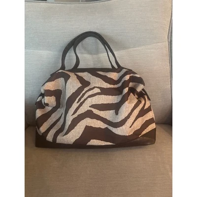 Zebra Print Satchel Handbag Brown Trim Zip Closure Stylish Tote Bag - Image 1 of 4