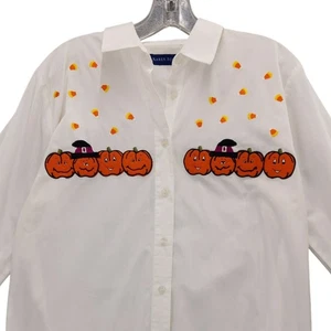 Karen Scott Halloween Shirt Pumpkin Candy Corn Embroidered Top White Size S - Picture 1 of 8