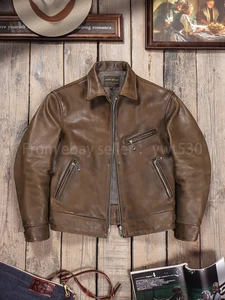 Full Grain Vegetable Tanned Cowhide Handaged Men's 19*30 Genuine Leather Jacket - Picture 1 of 16