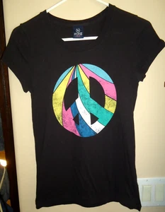 Pink Victoria's Secret Tee Womens Size M Black Multi Peace Sign Peace Love Pink - Picture 1 of 5