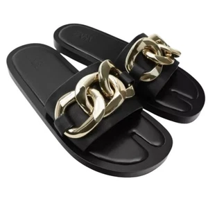 ZARA GOLD CHUNKY CHAIN TRIM SLIDE SANDALS SHOES WOMEN'S SIZE 6 - Picture 1 of 8