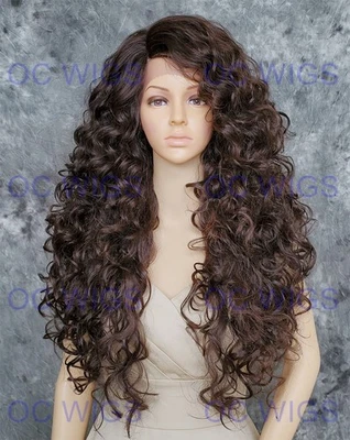 Peluca larga espiral rizos calor OK encaje frente mezcla cabello humano marrón oscuro/castaño rojizo EVFK Foto 1 de 4