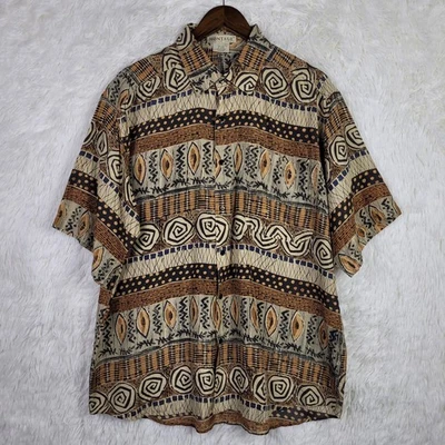 Vtg Lg Montage Mens 100% Silk Geometric Shirt Patchwork 90s Resortwear - Image 1 of 4