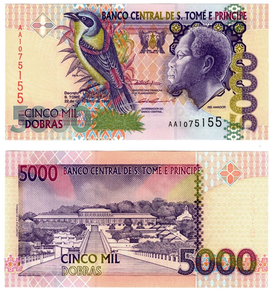 1996 Sao Tome Principe Banknote P65a 5000 Dobras UNC Saint Thomas Oriole bird - Image 1 of 1