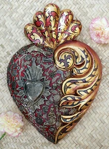 XL Baroque Sacred Heart Milagros Wood Handmade Miracle Michoacán Mexico Folk Art - Picture 1 of 8