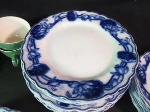 W. Adams & Co Lily 7-1/4" Salad Plate Flow Blue Gold Highlights - Picture 1 of 3
