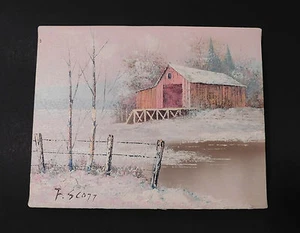 Dipinto olio su tela originale firmato F. Scott inverno fienile neve stalla 8 x 10 - Foto 1 di 3