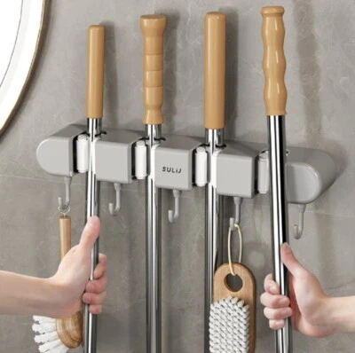 Wall-Mounted Broom Mop Holder – Storage Organizer Rack with 4 Slots & 5 Hooks - Image 1 of 4