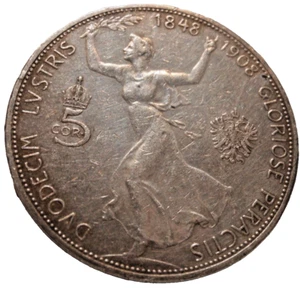 1908 XF-AU Austria 5 Corona Silver Coin Graded 60th Anniversary Reign KM# 2809 - Picture 1 of 4