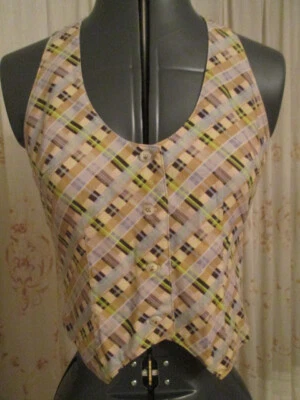 RUSTY PERCY plaid check halter vest, tie neck, button front, 50% cotton, 8, BNWT - image 1 of 4