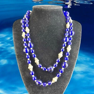 Collar largo de cuentas antiguas Art Deco de vidrio checo de colección aleta cobalto tono plata metal Foto 1 de 4