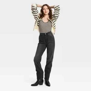 WOMEN'S SIZE 2 LONG BLACK WASH 90s STRAIGHT LEG STRETCH JEANS-UNIVERSAL THREAD - Picture 1 of 6