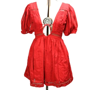Urban Outfitters Mini Abito Cotone Occhiellato Stringato Palloncino Manica Corta Rosso XS - Foto 1 di 22