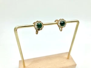 Vintage Screw Back Clip On Earrings - Gold Tone - Green & Clear Rhinestones - Picture 1 of 6