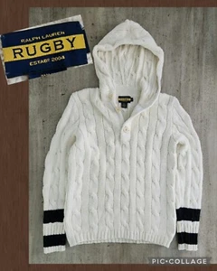 Vintage Rugby By Ralph Lauren Cotton Hooded Pullover Cable Knit Sweater Sz S - Picture 1 of 9