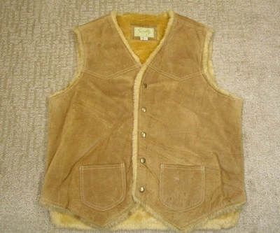 Scully Vest Men Large Brown Tan Leather Faux Fur Lined Western Snap Cowboy Rodeo - Image 1 of 4