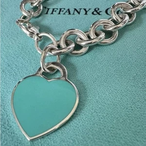 Tiffany & Co. Sterling Silver 925 Blue Enamel Heart Tag Bracelet 7.9 Inches - Picture 1 of 9