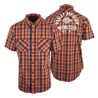 Harley-Davidson Men's Orange Black Plaid MKE S/S Woven Shirt (S45) - Image 1 of 4