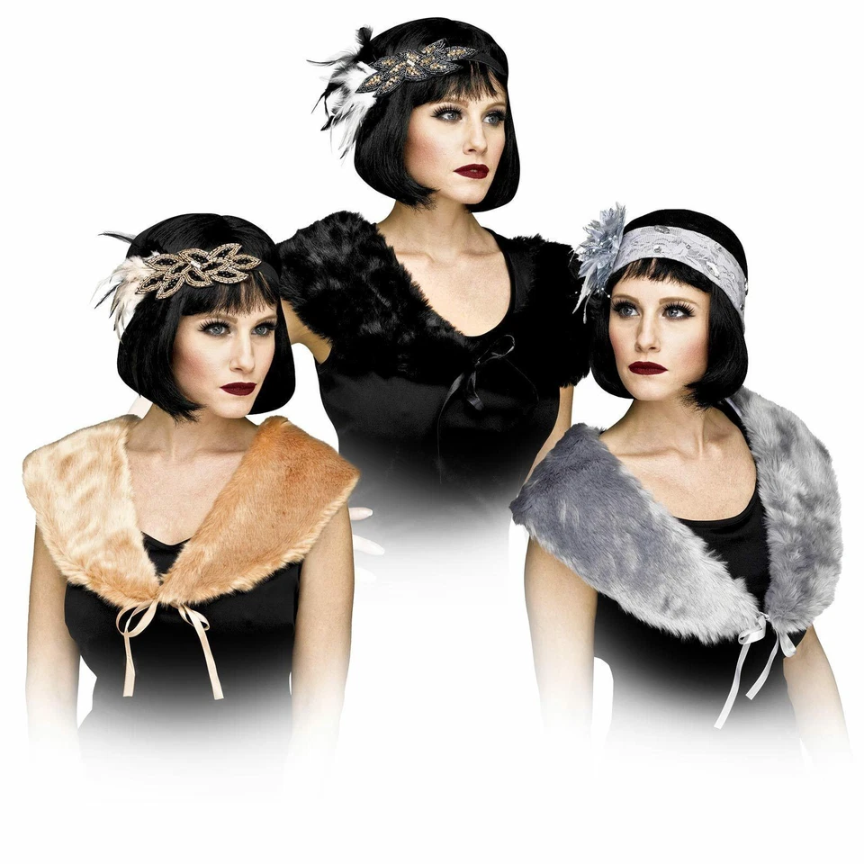 Adult Womens Flapper Stole 1920 Gatsby Cosplay Costume Stole Black Silver Collar - Image 1 of 4
