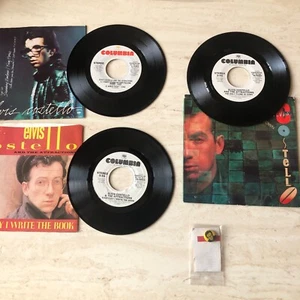 Set of 3 Elvis Costello White Label Promo 45s & 1 Promo Pin (VG+/VG+) - Picture 1 of 4