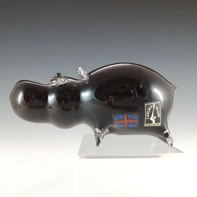 MARKED Langham Vintage Black Glass Hippo Sculpture - Image 1 of 4