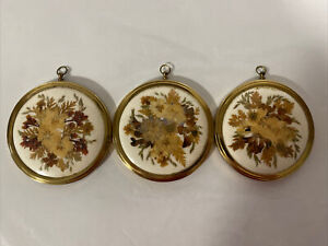 Set of 3 Vintage Handcrafted Floral Pressed Gold Circular Mountable Frames S4