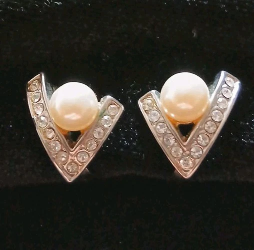 Ohrringe Ohrklips Damen Silberfarben Perlen Strass Vintage - Bild 1 von 4