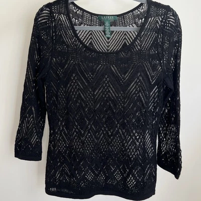 Top Lauren Ralph Lauren Mujer Lino Algodón Crochet Negro Mangas Largas Foto 1 de 4
