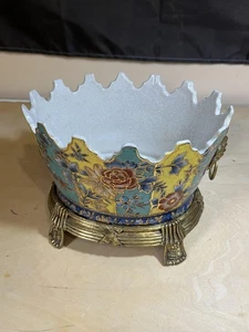 Vintage Porcelain Floral Bowl Brass Stand Lion Head Handles 10" Vase Planter Dec - Picture 1 of 6