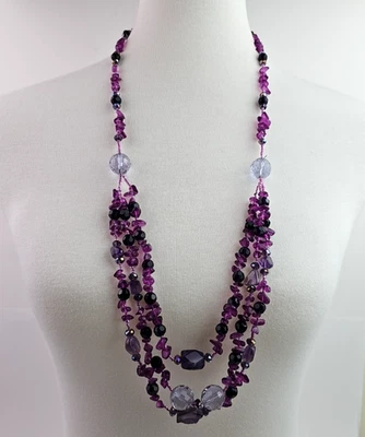 Three Strand Amethyst Beaded Necklace Over the Head Mixed Material Beads 34 inch - Image 1 of 4