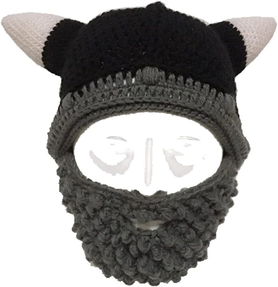 Casco Tejido y Barba Extraíble Caballero Bárbaro Sombrero Cuernos Vikingos Gorro Gorra Divertida Foto 1 de 4