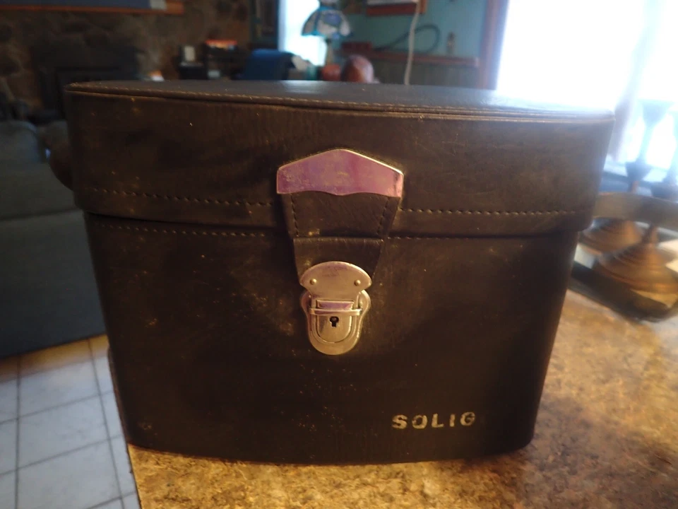 Vintage Black Hard Leather Camera Case Soligor - red interior 11" x 6" x 8" - Image 1 of 4