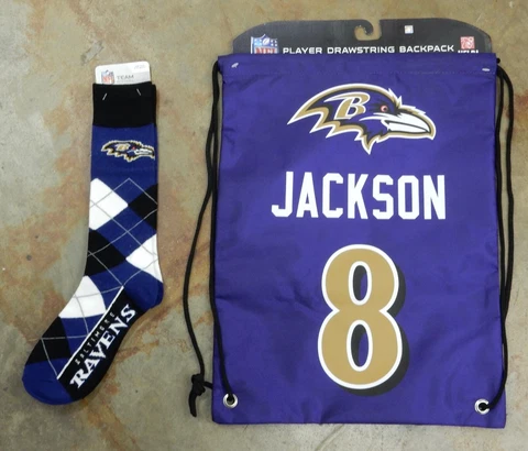 2 Pack NFL Baltimore Ravens Gift ARGY Socks Drawstring Bag Jersey Lamar Jackson Cover