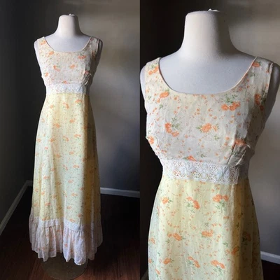 Maxi Vestido Vintage Años 60 70 2/4 Amarillo Floral Encaje Tanque Volantes Pradera Cabaña Foto 1 de 4