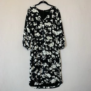 Ralph Lauren Dress Womens 12 Black White Floral Sheath Long Sleeve V Neck - Picture 1 of 20