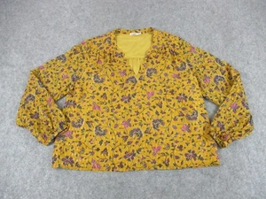 Faherty Blouse Womens Small Yellow Floral Silk Cotton Metallic Long Sleeve Top - Picture 1 of 8